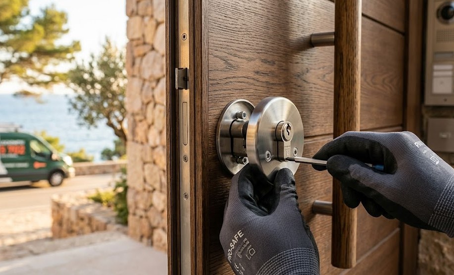 Especialista instalando cerradura de alta seguridad en puerta de chalet en Rosamar