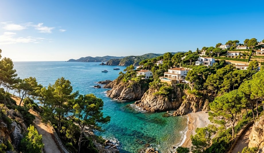 Vista del entorno natural, los pinos y el mar en la urbanización Rosamar y Cala Canyet